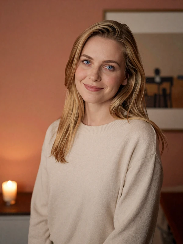 Olivia 36, Feelflame member from Nashville in ivory sweater with candlelight