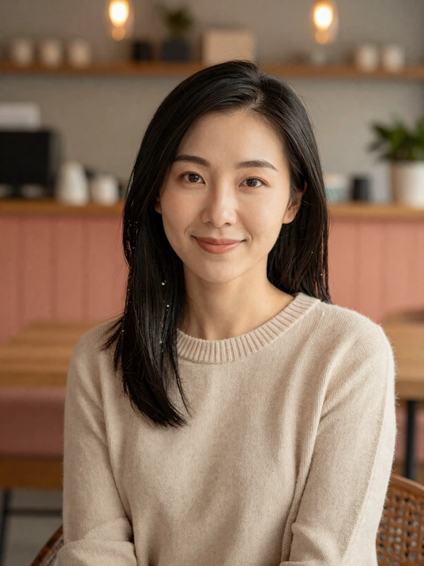 Mei 34, Feelflame member from San Diego in cream sweater at a cozy cafe
