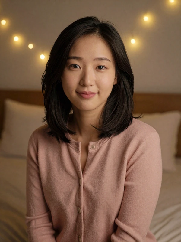 Ji-eun 30, Feelflame Korean member in pink cardigan with warm bedroom lighting