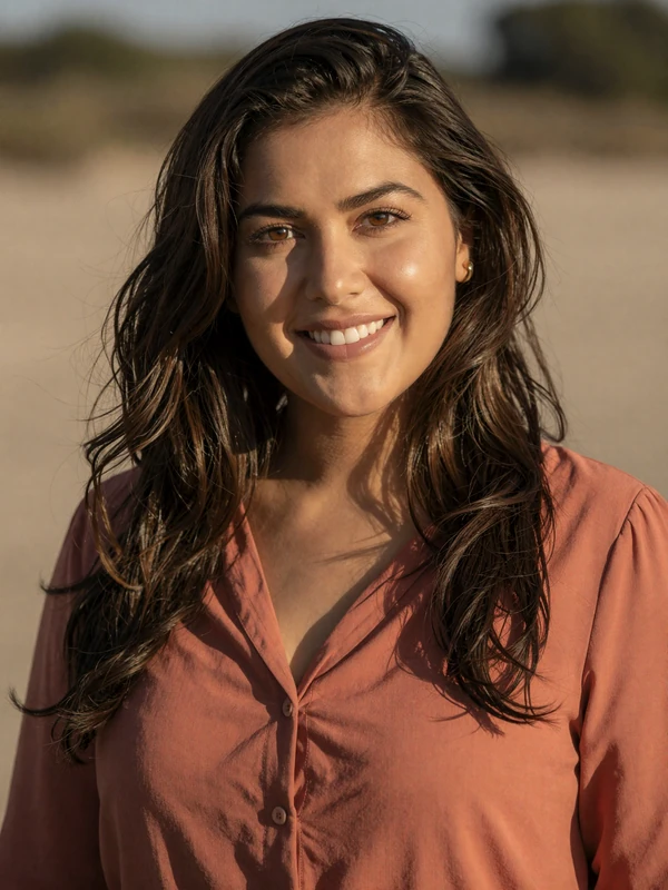 Sofia 31, Feelflame member from Miami smiling in coral blouse at sunset