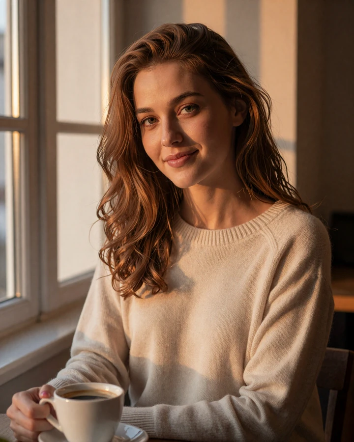 Smiling brunette woman in cream sweater enjoying coffee at sunset, Feelflame member portrait